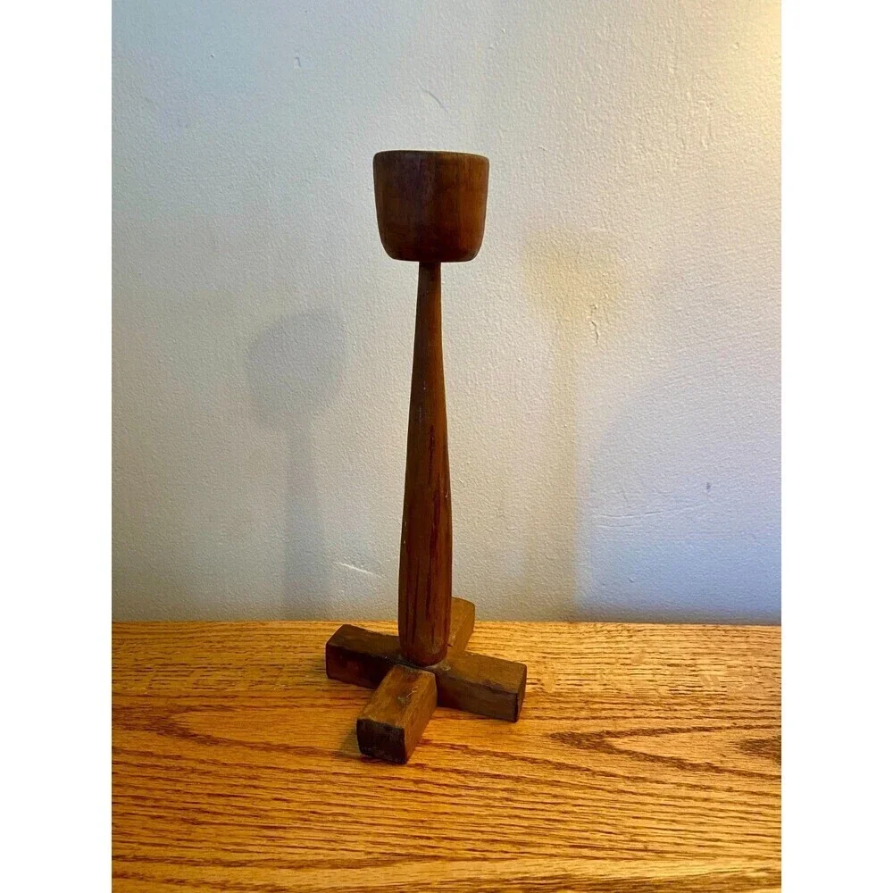 Mid Century Modern Wood Candlestick Holder Danish Pillar Round Dark Scandinavian